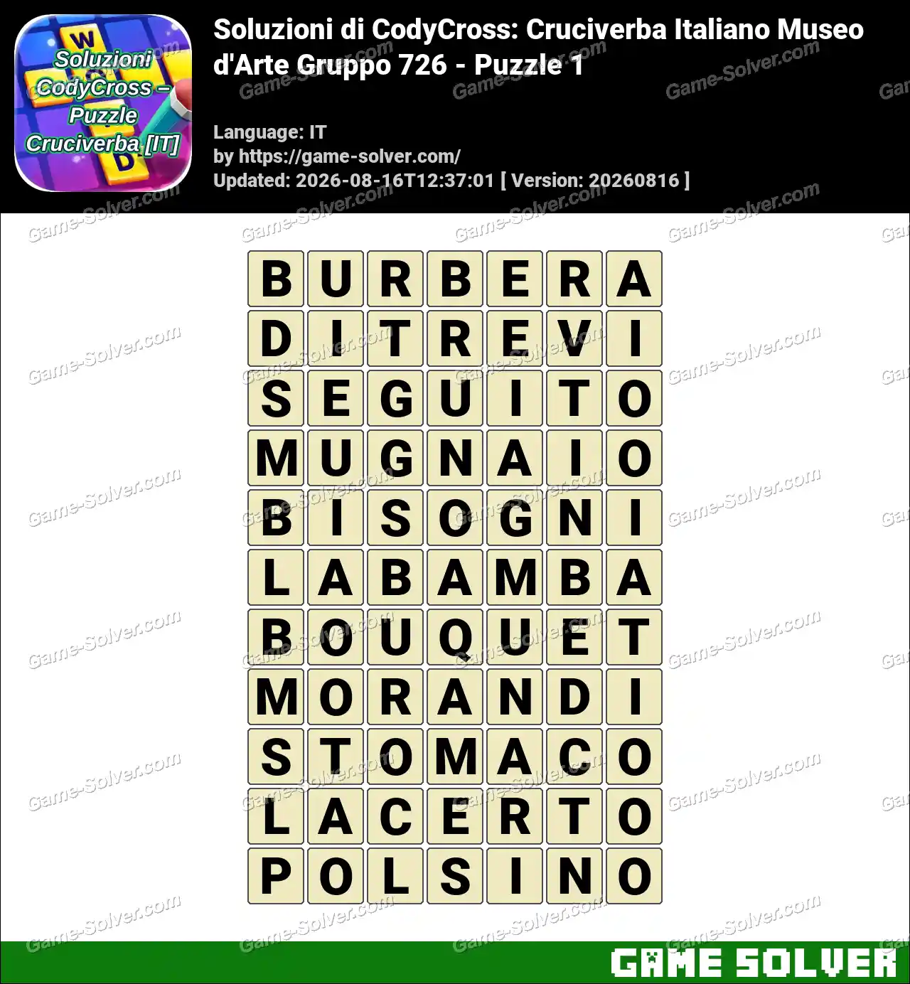 Soluzioni di CodyCross: Cruciverba Italiano Museo d’Arte Gruppo 726 – Puzzle 1